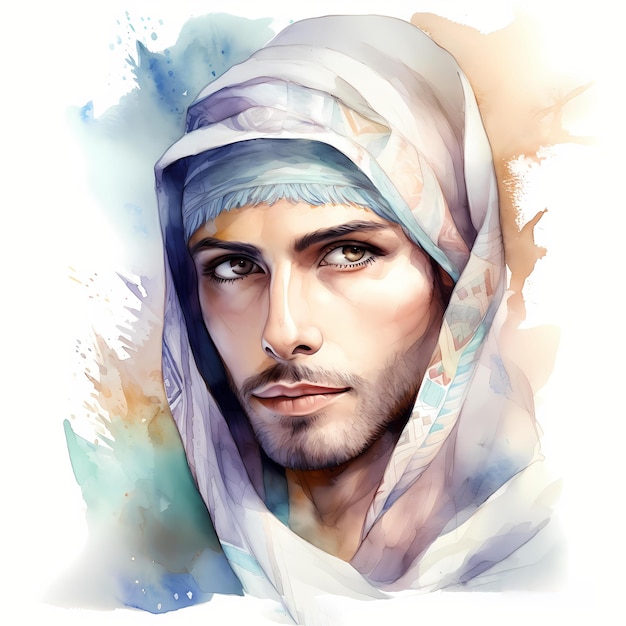 Beautiful Arabic Muslim Man Portrait Watercolor Clipart