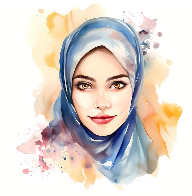 Beautiful Arabic Muslim Woman With Hijab Portrait Watercolor Clipart