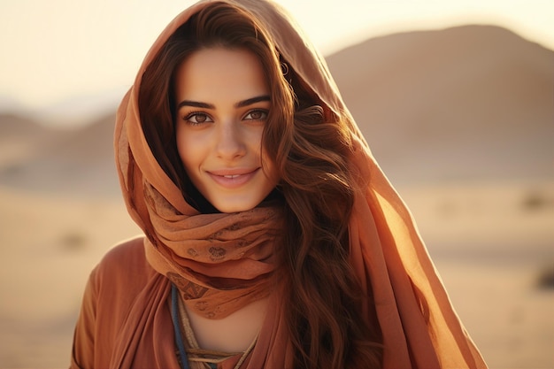 Photo beautiful arabic woman wearing veil in sandy desert generative ai illustration