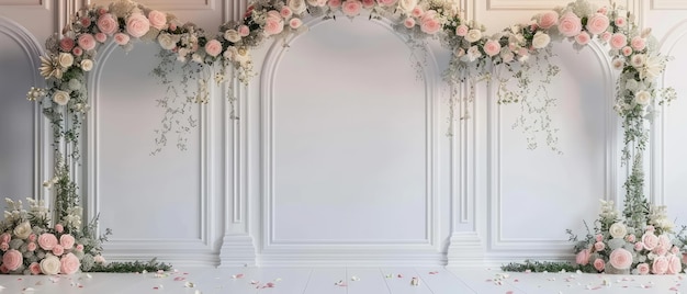 beautiful arch and flowers backdrop empty room wedding interior wall background for banner and decoration