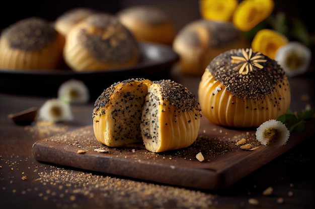 Beautiful aromatic poppy seed buns with dense layer of sesame crumble