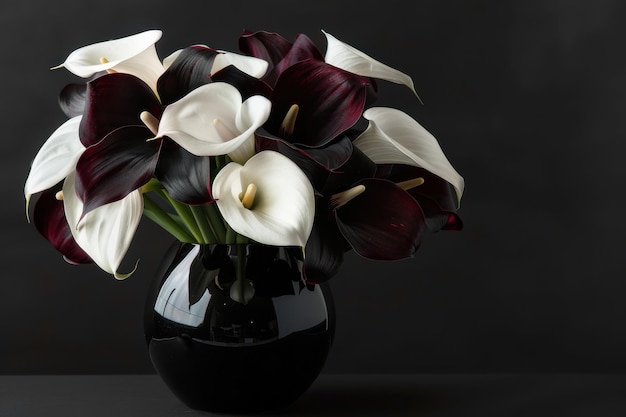 Photo beautiful arrangement of black and white calla lilies in a vase against a dark background