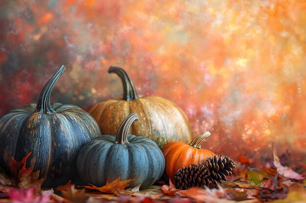 Photo beautiful arrangement of colorful pumpkins and fall leaves with pinecones