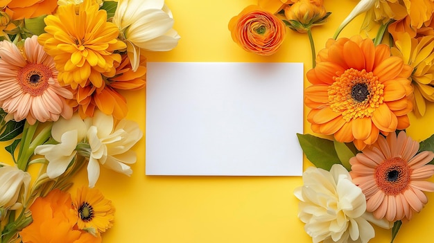 Beautiful arrangement of orange and yellow flowers surrounding a blank white card on a yellow background ar 8447 style raw stylize 50 v 61 Job ID 32bff41614164181a36232e2c7343f4a