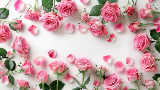 Photo a beautiful arrangement of pink roses and scattered petals on a white background creating a romantic and elegant floral frame