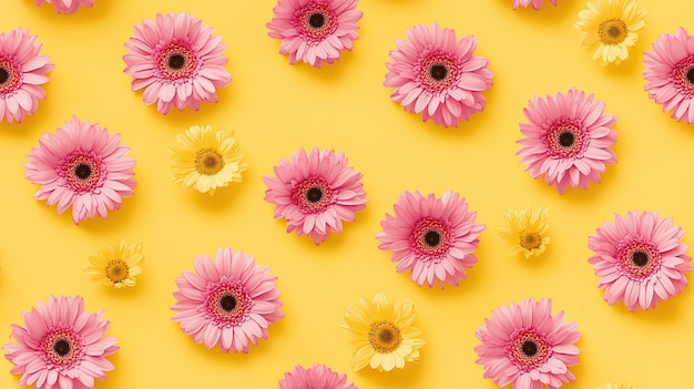 Photo beautiful arrangement of pink and yellow flowers on bright yellow background