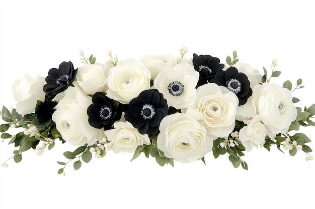 A beautiful arrangement of white ranunculus and black anemones with delicate greenery