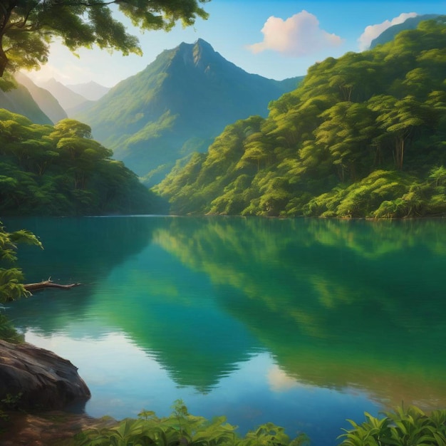 A beautiful artwork depicting a river surrounded by lush trees and towering mountains