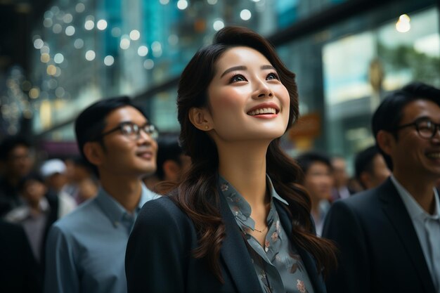 Beautiful Asian businesswoman standing on city street and dreaming of future business success