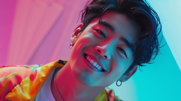 Beautiful Asian fashionable male wearing neon stylish clothes happy smiling