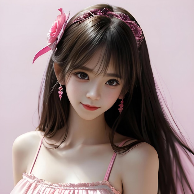 Beautiful asian girl doll on pink background fashion and beauty concept