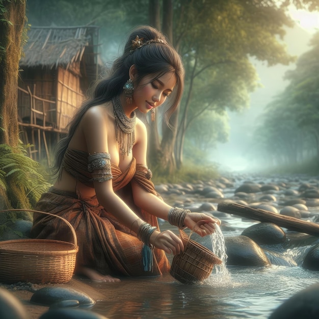 beautiful asian girl in the river washing clothes