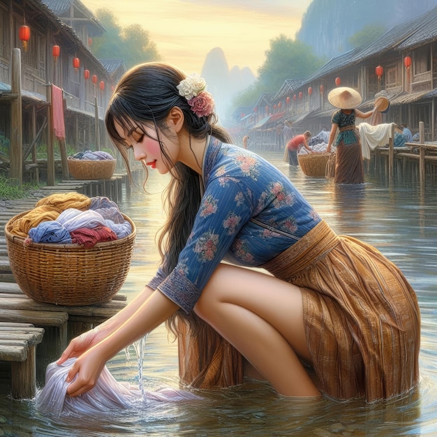 beautiful asian girl in the river washing clothes