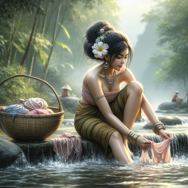 beautiful asian girl in the river washing clothes