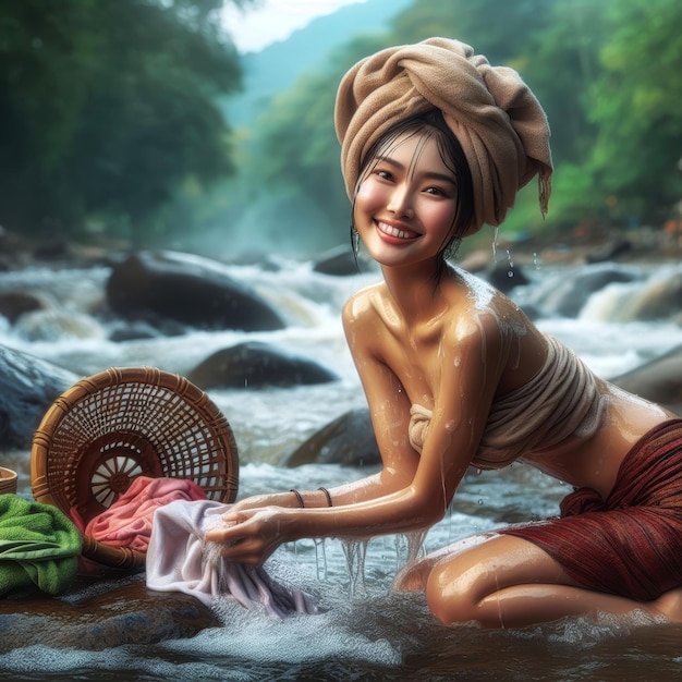 beautiful asian girl in the river washing clothes