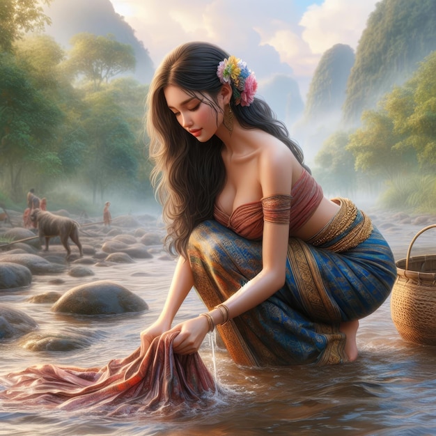 beautiful asian girl in the river washing clothes