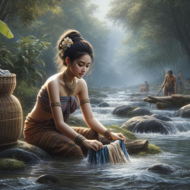 beautiful asian girl in the river washing clothes