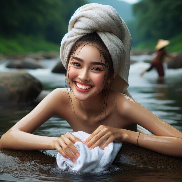 beautiful asian girl in the river