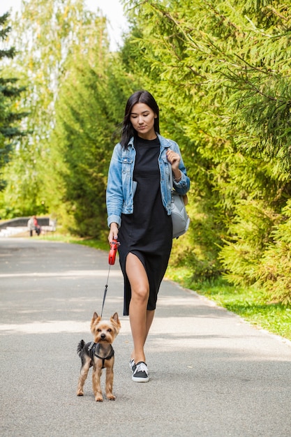 Beautiful Asian girl for a walk in the park in the summer with her dog Yorkshire Terrier