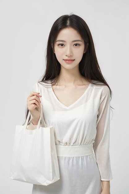 a beautiful Asian girl wearing a dress holding a shopping bag isolated on a white background