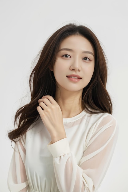 a beautiful Asian girl wearing a dress holding a shopping bag isolated on a white background