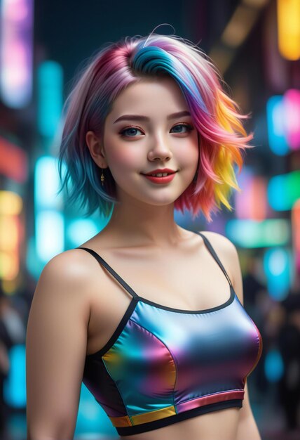 Beautiful asian girl with colorful hair in the night city