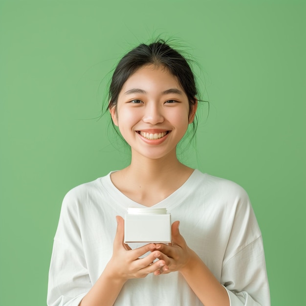 A beautiful Asian girl with a white face stands and smiles holding a box of cream green backdrop