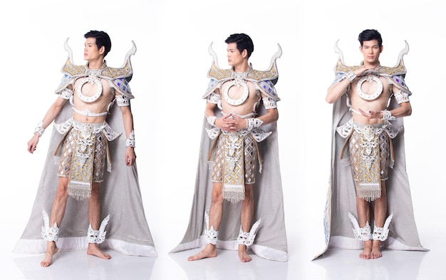 Beautiful Asian man wear Thai Traditional Costume as Thailand National dance performance Wedding Dress with gold decorative Fashion Items white isolated full length body