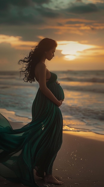 Beautiful Asian Pregnant Woman Smiling and Holding Belly on the beach with Long Black Hair