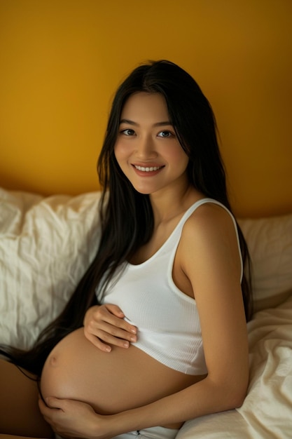 Beautiful Asian Pregnant Woman Smiling and Holding Belly Sitting on Bed with Long Black Hair