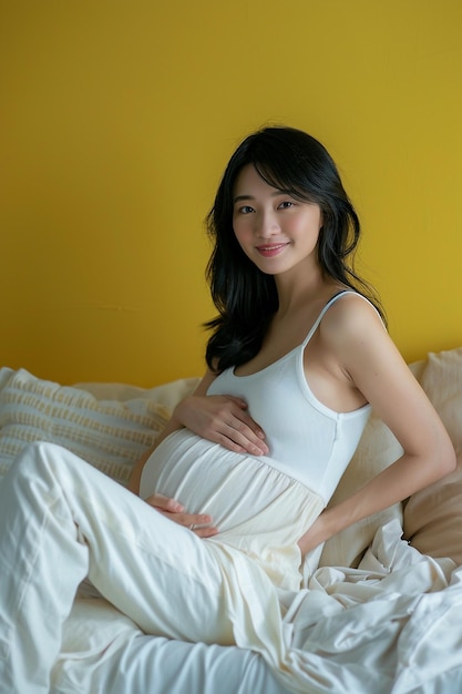 Beautiful Asian Pregnant Woman Smiling and Holding Belly Sitting on Bed with Long Black Hair