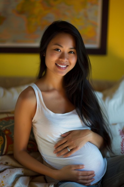 Beautiful Asian Pregnant Woman Smiling and Holding Belly Sitting on Bed with Long Black Hair