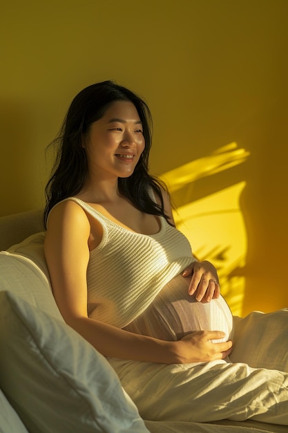 Beautiful Asian Pregnant Woman Smiling and Holding Belly Sitting on Bed with Long Black Hair