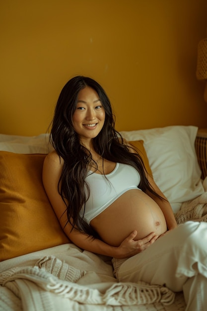 Beautiful Asian Pregnant Woman Smiling and Holding Belly Sitting on Bed with Long Black Hair