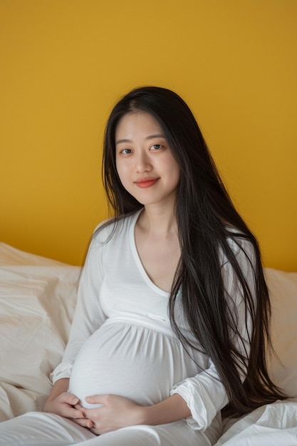 Beautiful Asian Pregnant Woman Smiling and Holding Belly Sitting on Bed with Long Black Hair