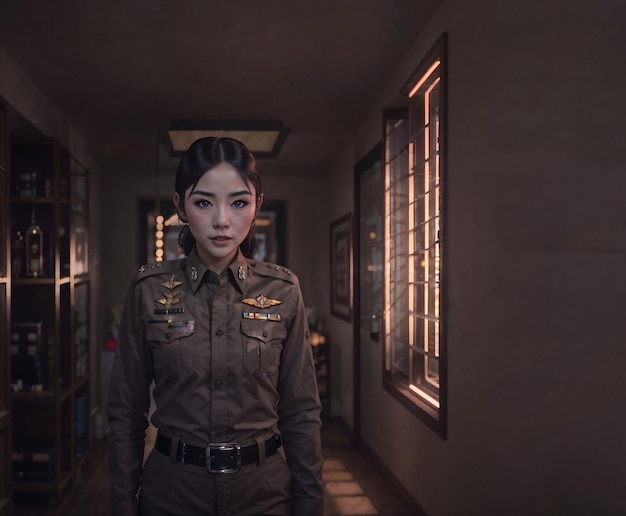 Beautiful asian thai police woman at black background generative AI