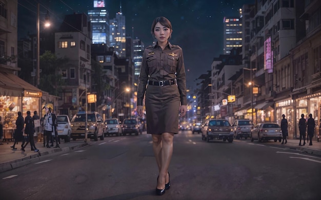 Beautiful asian thai police woman at street night generative AI