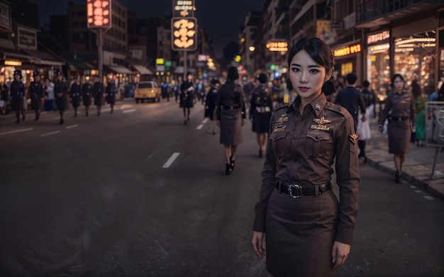 Beautiful asian thai police woman at street night generative AI