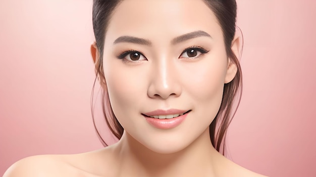 Beautiful asian woman beauty skincare with face detailed on pink background generative art by AI