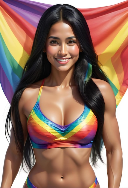 Beautiful asian woman in bikini with rainbow flag on white background