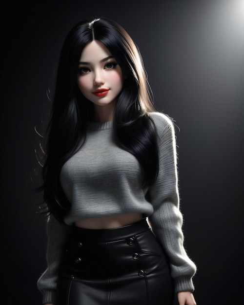 Beautiful asian woman in black leather skirt and grey sweater