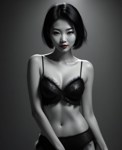 Beautiful asian woman in black lingerie on dark background