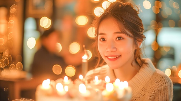 Beautiful asian woman celebrating birthday with cake and candle in cafe