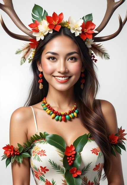 Beautiful asian woman in christmas costume with reindeer antlers