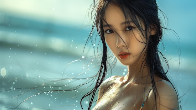 Beautiful asian woman enjoying water