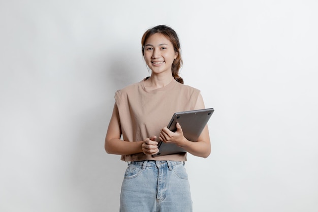 Beautiful Asian woman gesturing for advertisement editing on isolated background portrait concept used for advertisement and signage isolated over white background copy space