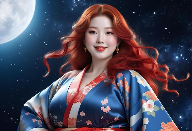 Beautiful asian woman in kimono against the background of the night sky