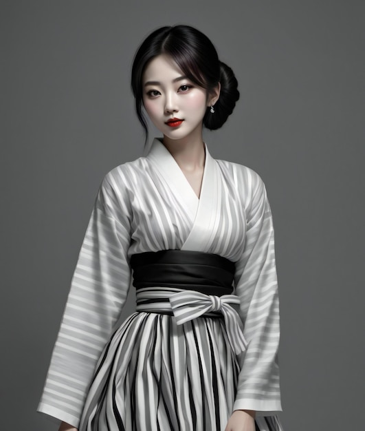 Beautiful asian woman in kimono on gray background