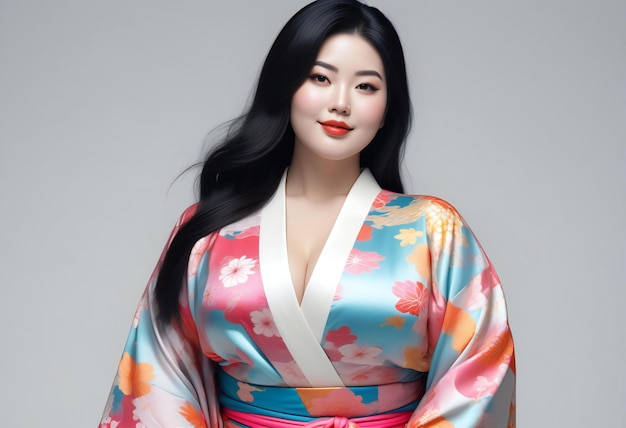 Beautiful asian woman in kimono on gray background