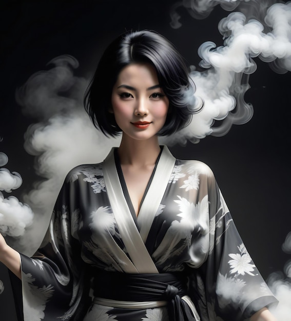 Beautiful asian woman in kimono with smoke on black background